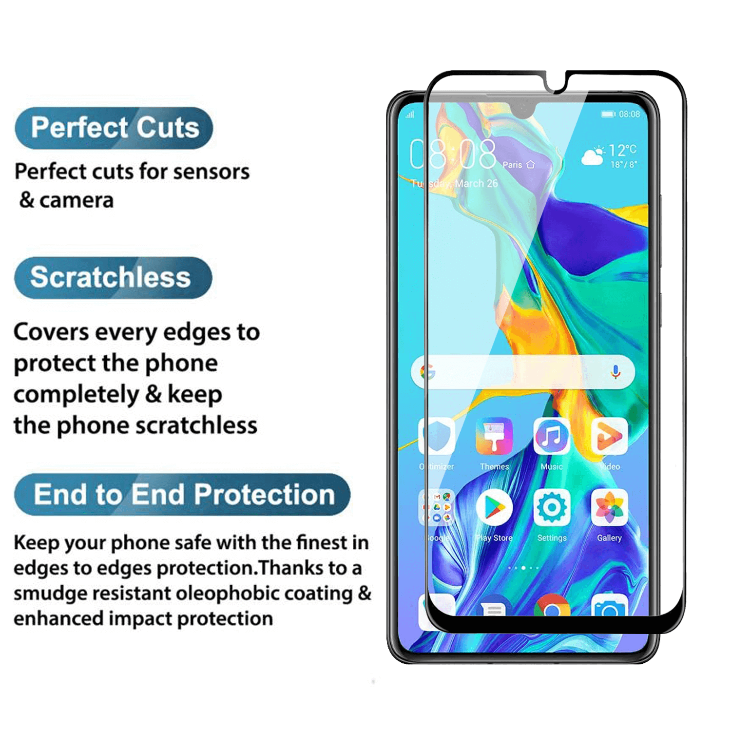 Tempered Glass for Huawei P30 (Black) Edge to Edge , Pack of 1