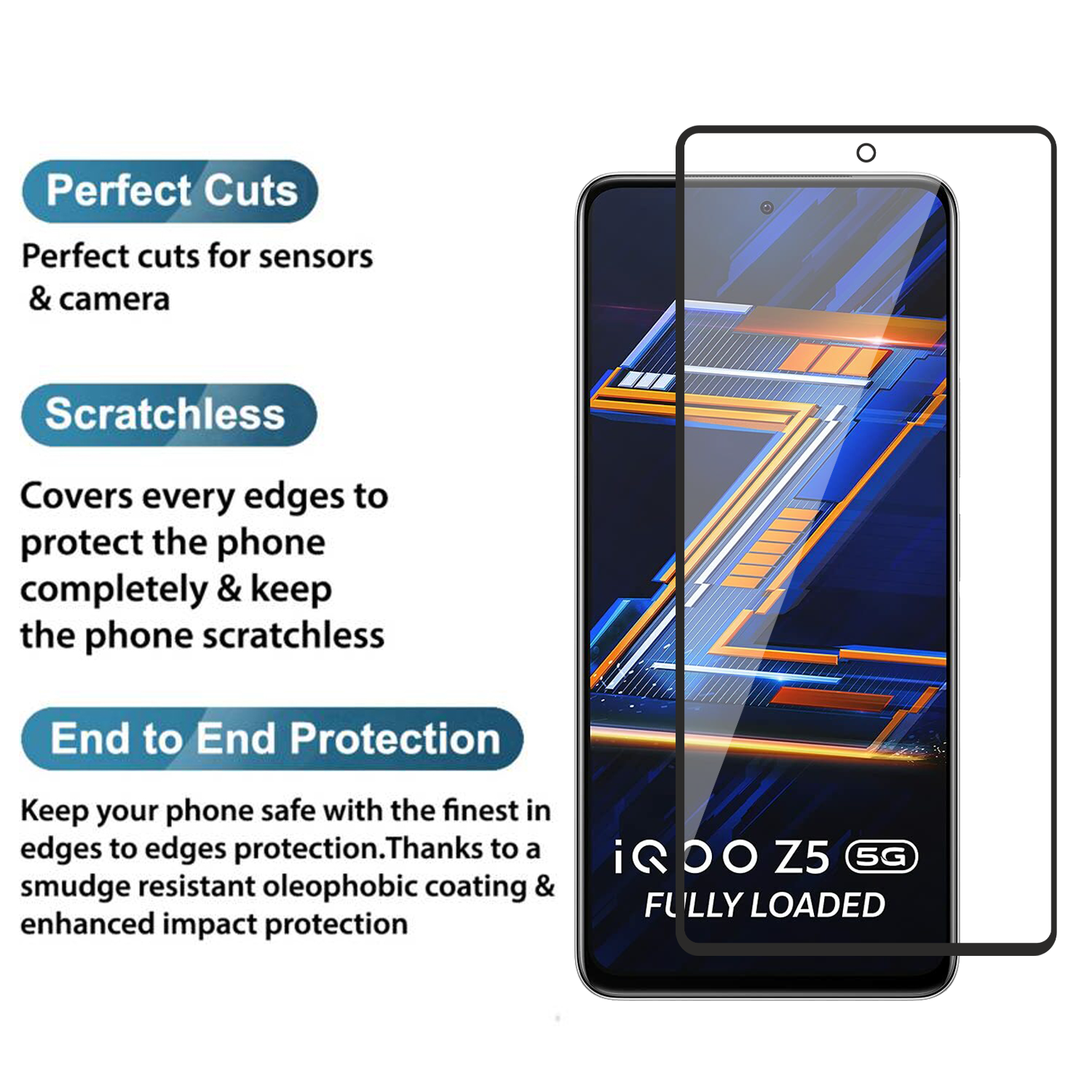 Tempered Glass for vivo iQOO Z5 (Black) Edge to Edge , Pack of 1