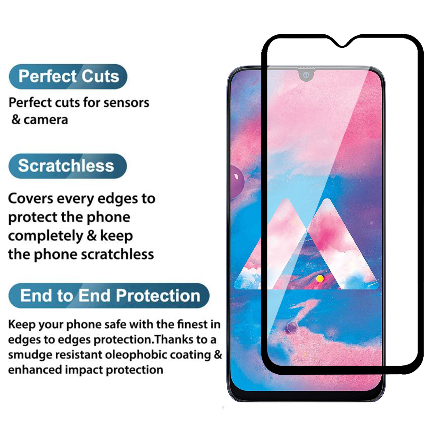 Tempered Glass for Samsung Galaxy M30s / M30 / A30 / A30s / A50 / A50s / A20 (Black) Edge to Edge , Pack of 1