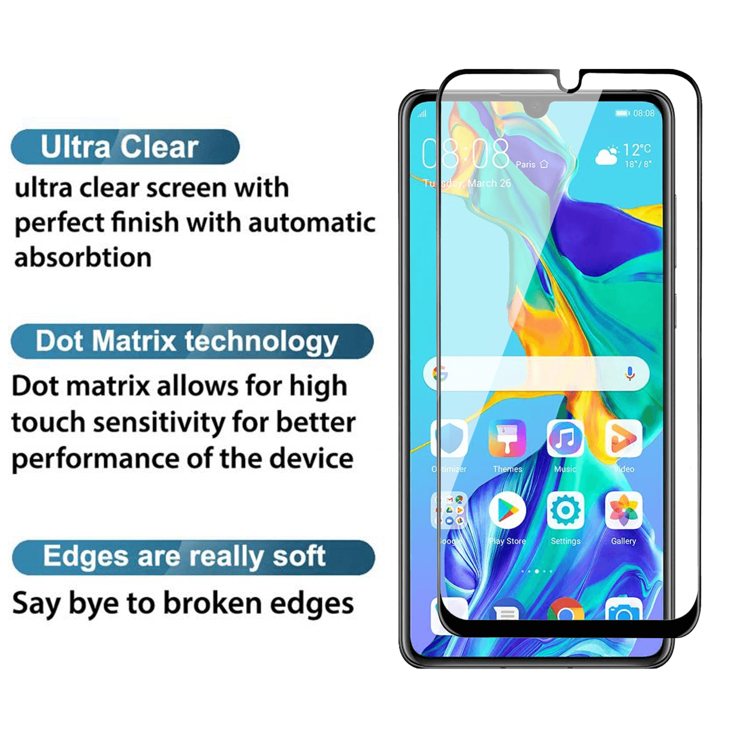 Tempered Glass for Huawei P30 (Black) Edge to Edge , Pack of 1