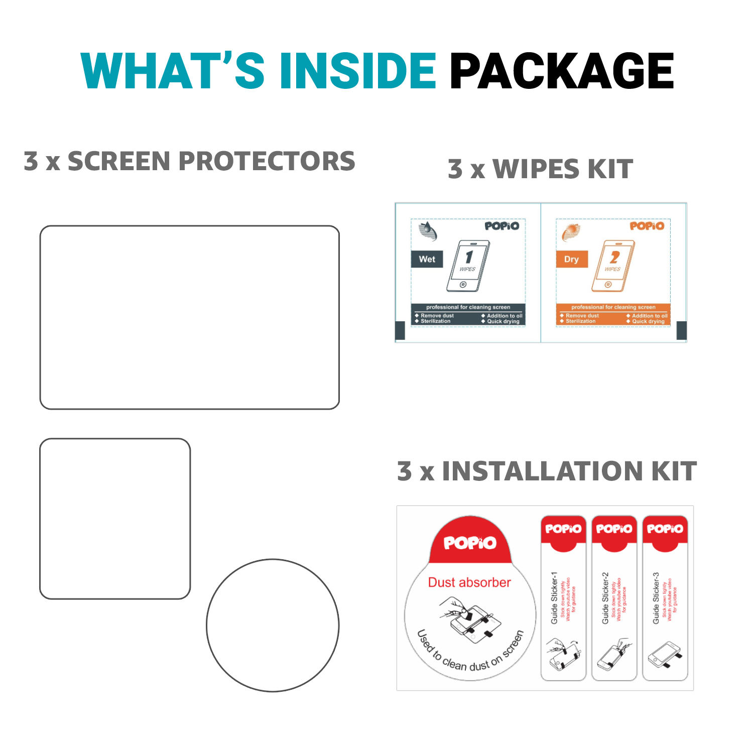 POPIO Military-Grade Gorilla Tempered Glass for DJI Osmo Action 3 Camera (Transparent) Edge To Edge Full Screen Coverage With Installation Kit, Complete Set Of 3 Glass
