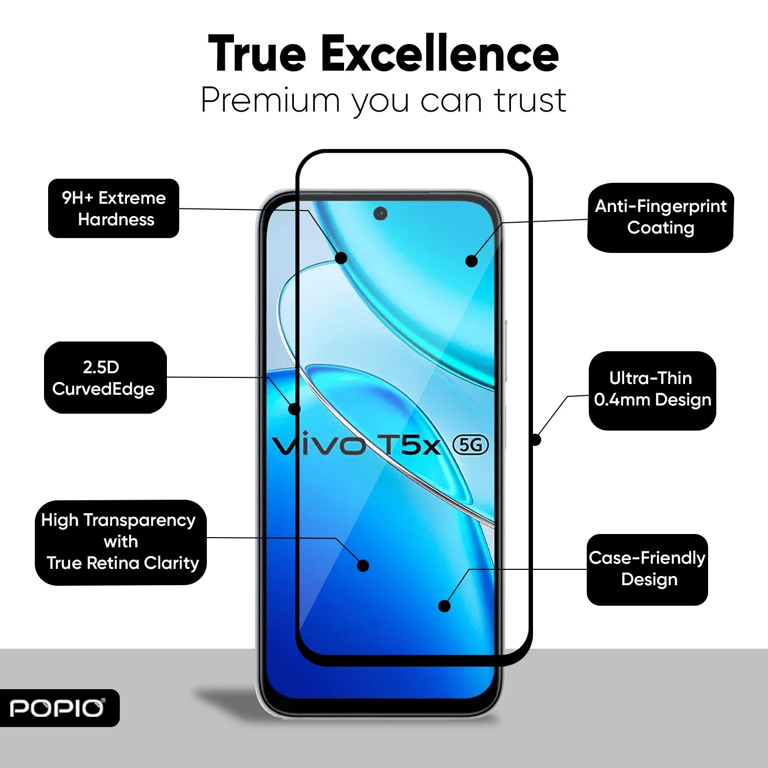 POPIO Military-Grade Gorilla Tempered Glass Compatible For Vivo T5X
