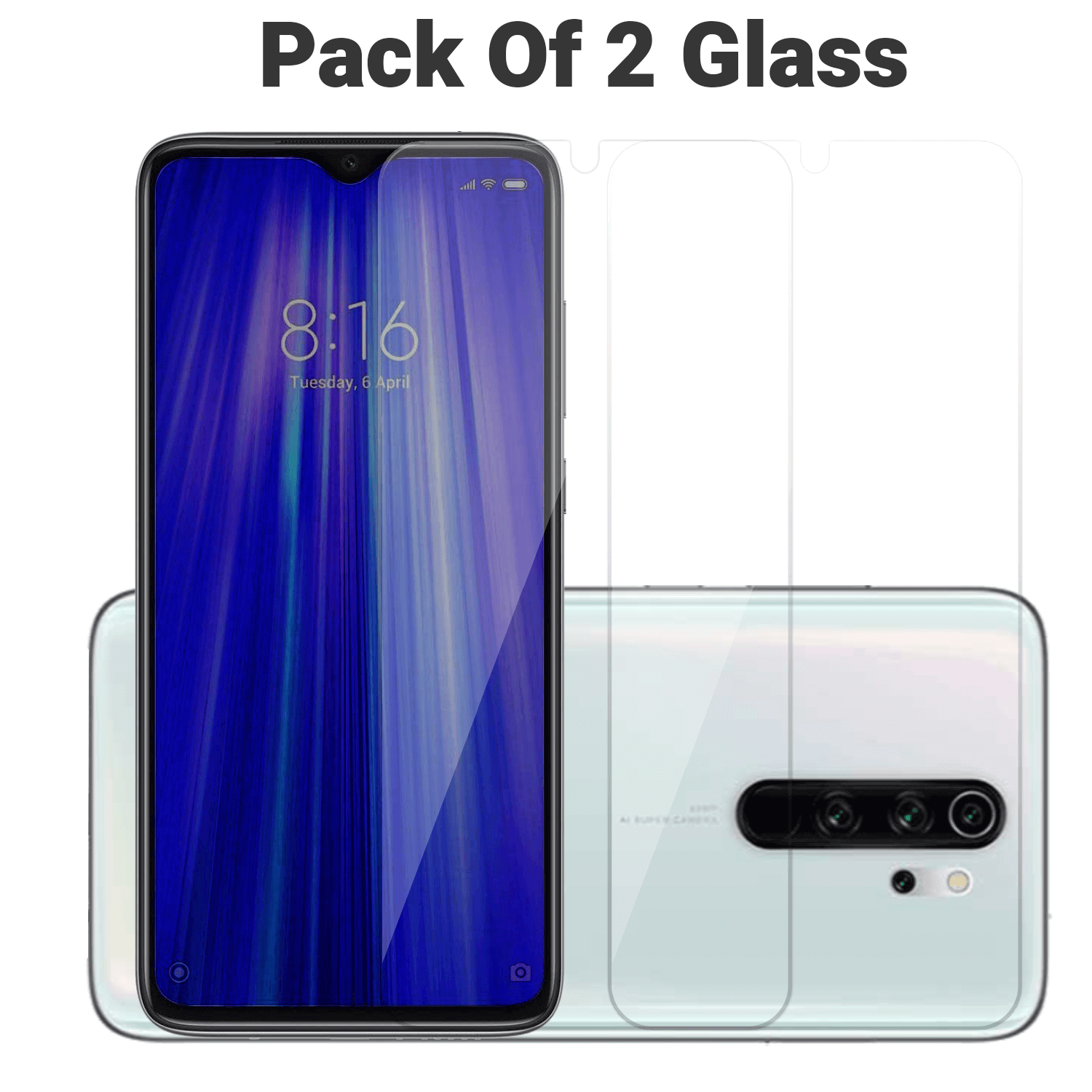 Tempered Glass for Xiaomi Redmi Note 8 Pro / Oppo F11 / Oneplus 7T / Realme X2 Pro (Transparent) , Pack of 2 , Not edge to edge