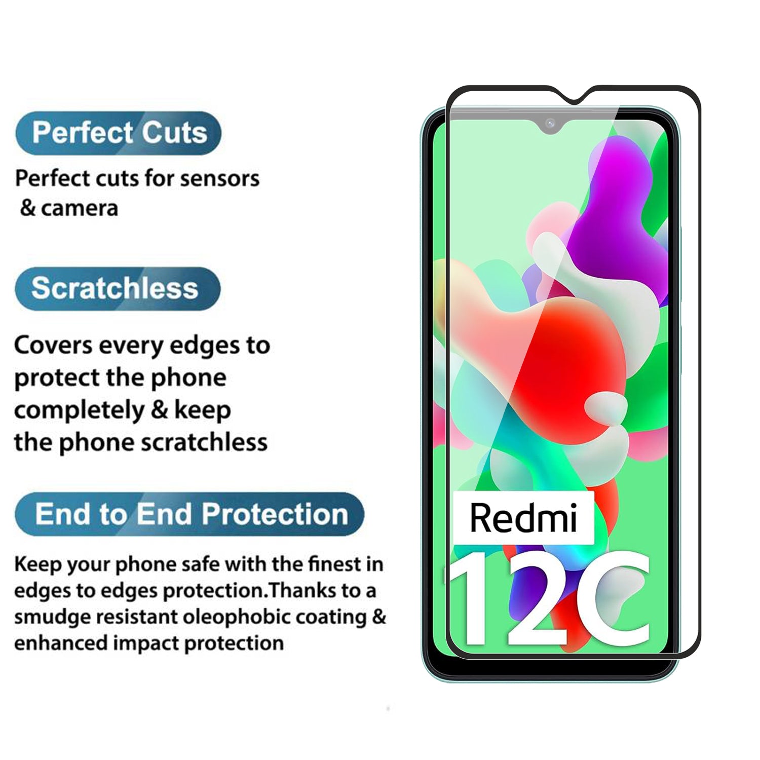 Tempered Glass for Redmi 10 (india) , 10c , 10 Power , Poco C40 , Redmi 12C (Black) Edge to Edge , Pack of 1