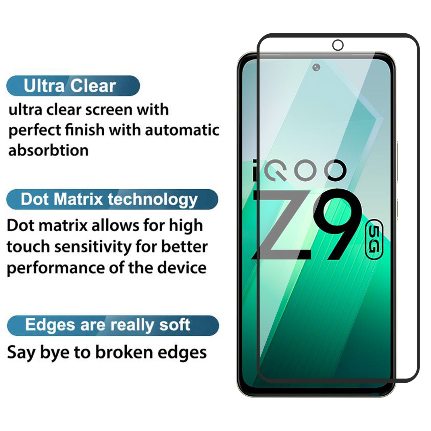 Tempered Glass for vivo iQOO Z9(Black) Edge to Edge , Pack of 1