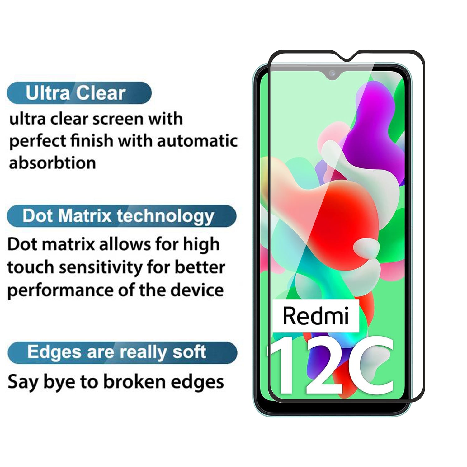 Tempered Glass for Redmi 10 (india) , 10c , 10 Power , Poco C40 , Redmi 12C (Black) Edge to Edge , Pack of 1
