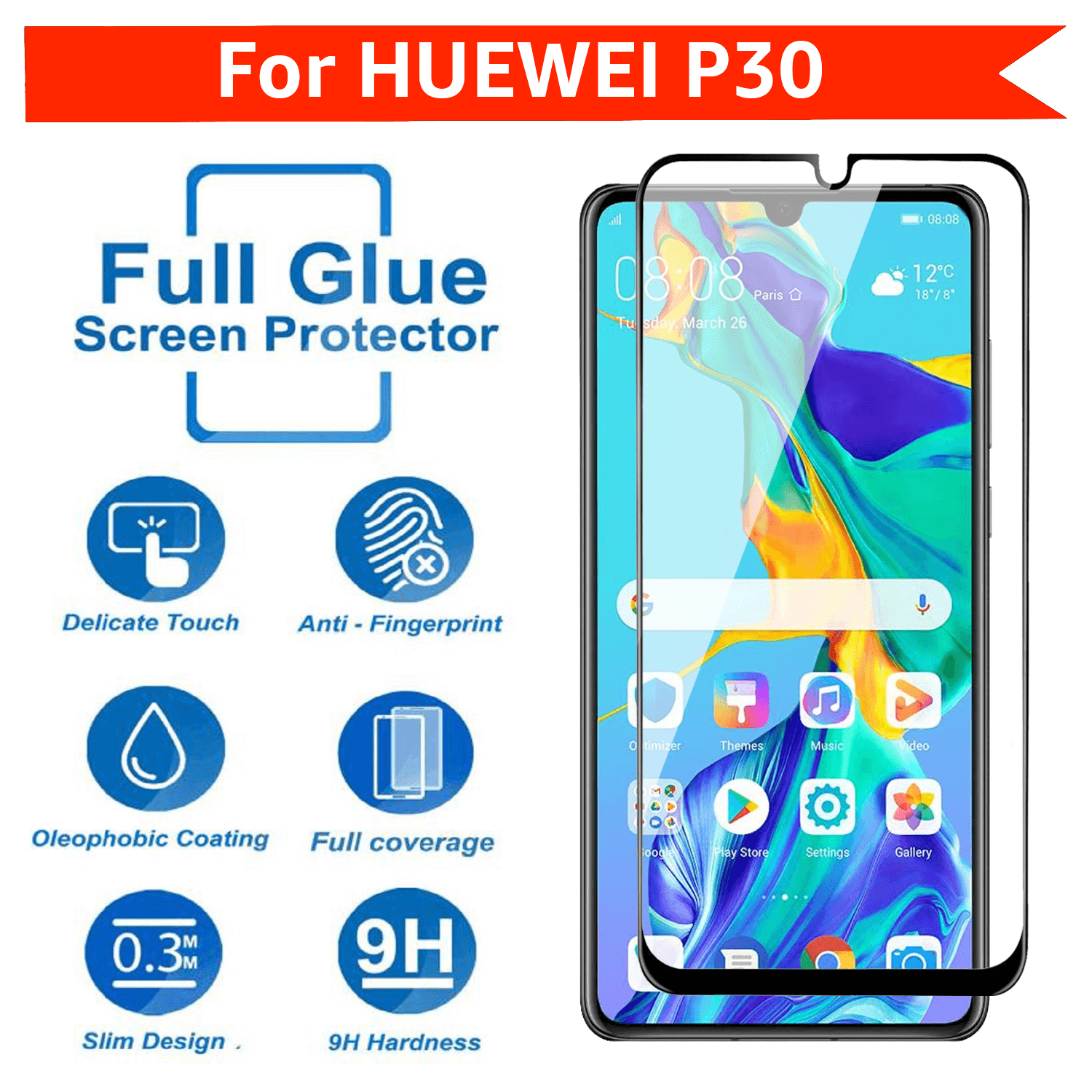 Tempered Glass for Huawei P30 (Black) Edge to Edge , Pack of 1