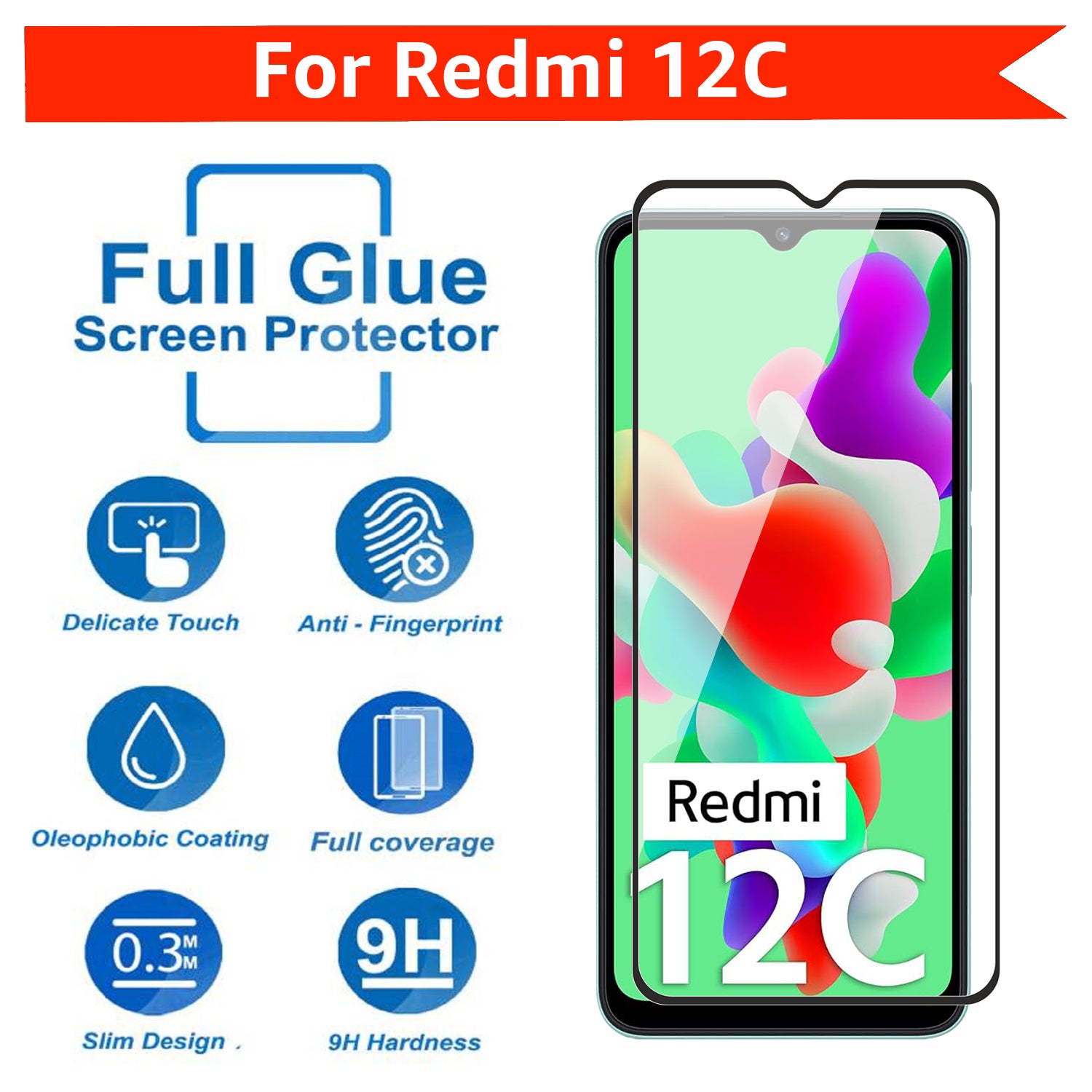 Tempered Glass for Redmi 12C , Poco C55 (Black) Edge to Edge , Pack of 1