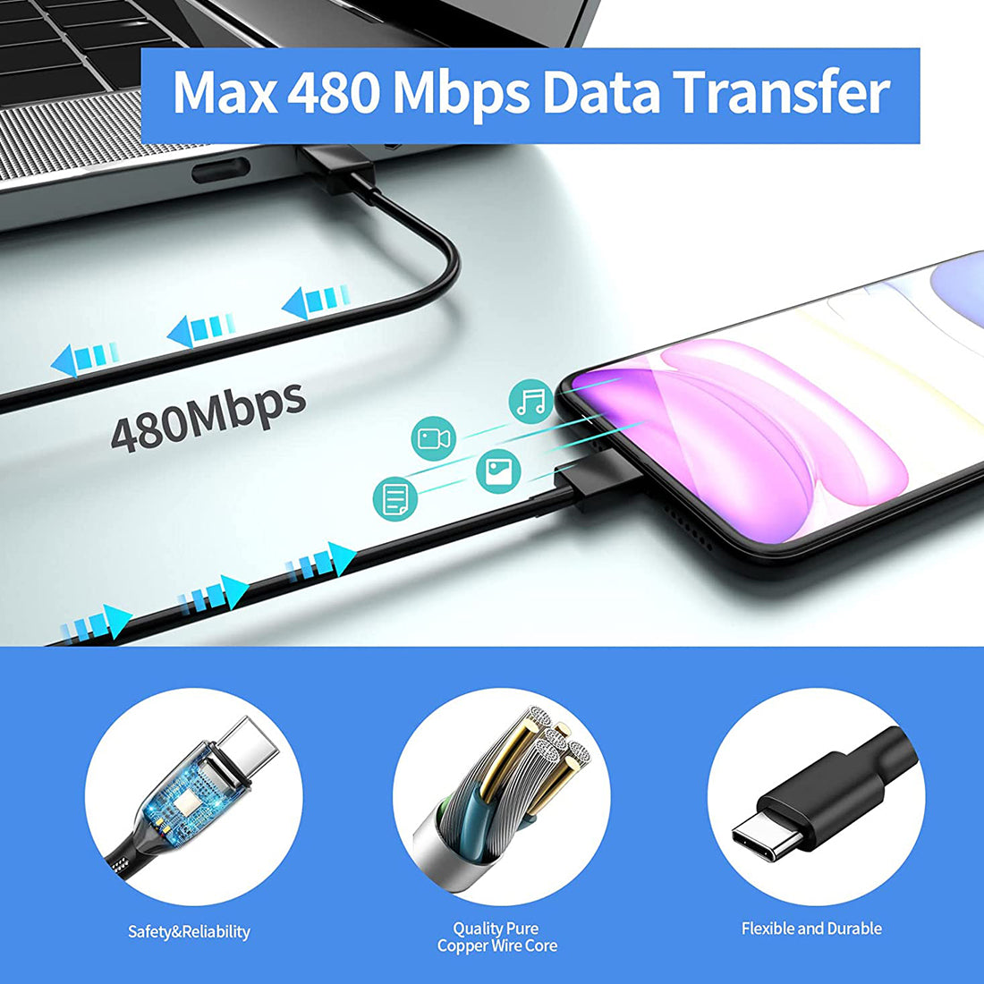 POPIO 1M USB-C to USB-C PD Cable (Black) – 100W Fast Charging & High-Speed Data Transfer, Durable Tangle-Free Design, Compatible with Samsung Galaxy, MacBook, iPad, and More